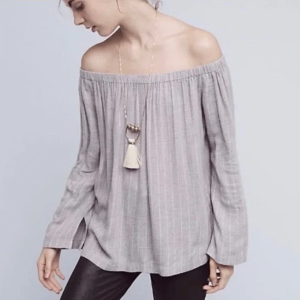 Anthropologie Cloth & Stone Grey Pinstripe Brushed Flannel Cold Shoulder Top S